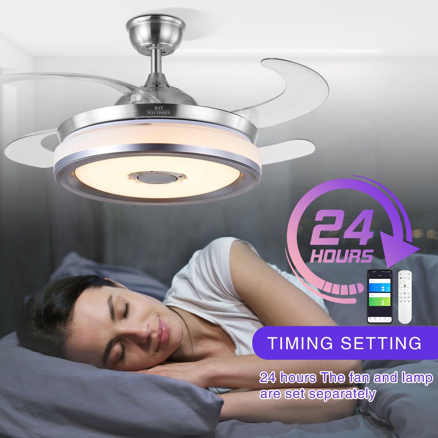 BAYSQUIRREL Retractable Bluetooth Ceiling Fan with Speaker, Many Kinds of Color Light Bluetooth Ceiling Fan with Light,6 Speed Reversible Modern Invisible Ceiling Fan,Remote and APP Control
