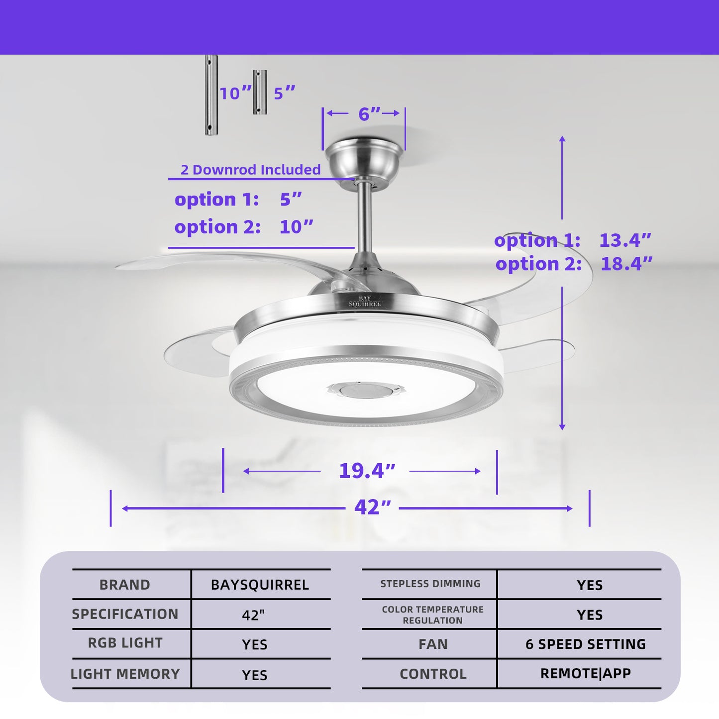 BAYSQUIRREL Retractable Bluetooth Ceiling Fan with Speaker, Many Kinds of Color Light Bluetooth Ceiling Fan with Light,6 Speed Reversible Modern Invisible Ceiling Fan,Remote and APP Control